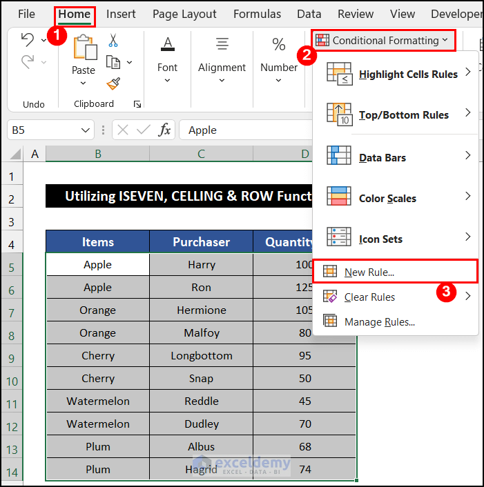 Utilizing ISEVEN, CELLING and ROW Functions to Alternate Row Color Based on Group