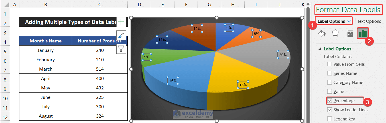Adding Multiple Types of Data Labels on Excel Pie Chart Slices
