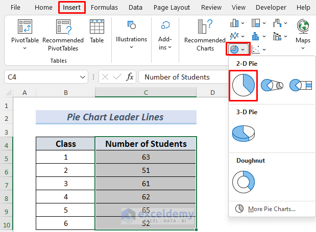 excel pie chart leader lines not showing step one