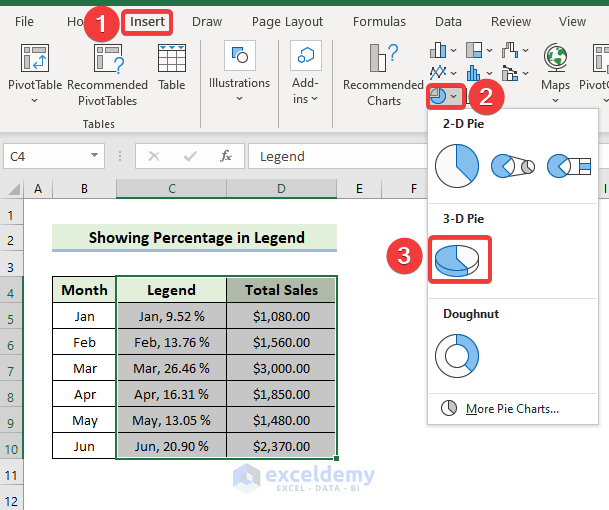 How to Show Percentage in Legend in Excel Pie Chart
