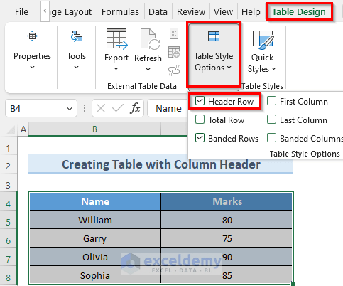 How to Hide or Show Headers in Excel Table