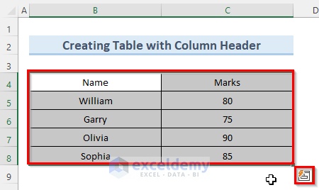 Create Table in Excel with Column Headers