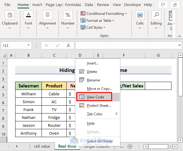 Hide Columns Based on Criteria in Real-time with Excel VBA