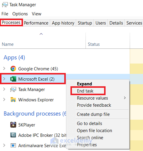 Force Quit Excel Using Task Manager to Fix Status Bar Not Updating Issue