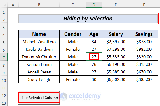 hide columns in excel with button