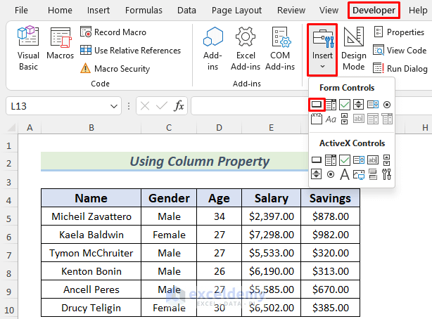 hide columns in excel with button