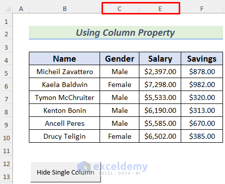 hide columns in excel with button