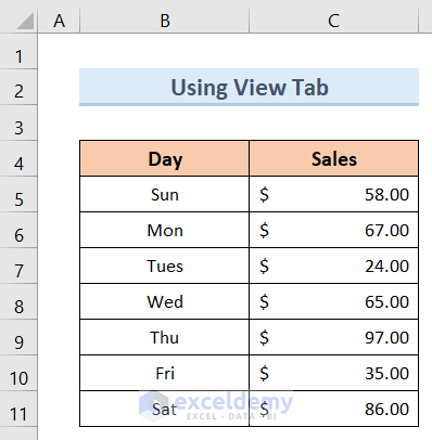 Use of View Tab to Hide Row and Column Headings in Excel
