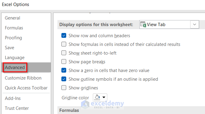 Hide Row and Column Headings in Excel from Excel Options Window