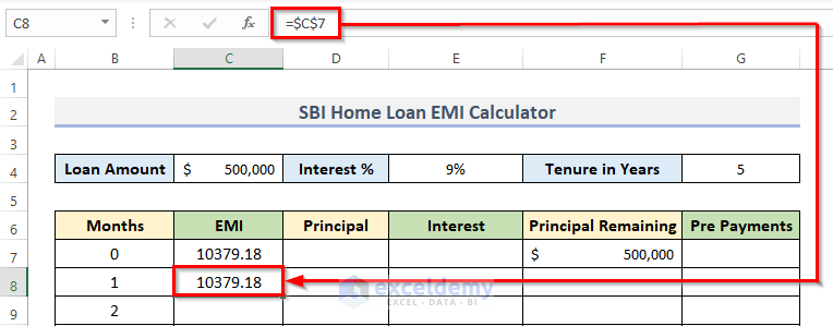 Step-by-Step Procedures to Create SBI Home Loan EMI Calculator in Excel Sheet with Prepayment Option