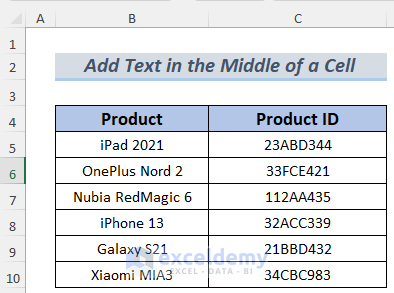 how to add text in the middle of a cell in excel