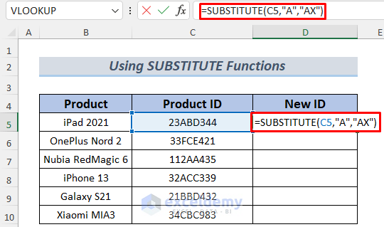 how to add text in the middle of a cell in excel using SUBSTITUTE function