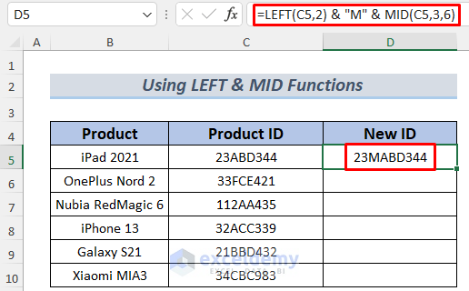 how to add text in the middle of a cell in excel using LEFT and MID functions