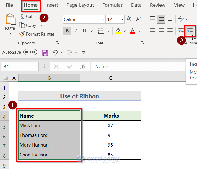 Use of Ribbon to Align Text in Excel