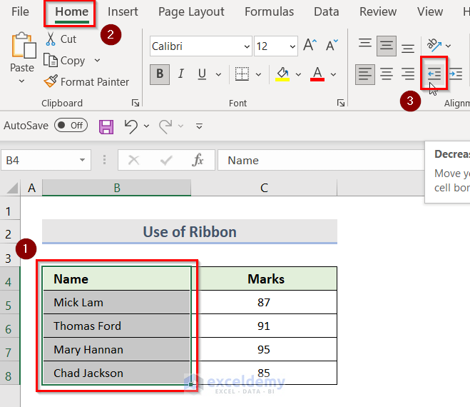 Use of Ribbon to Align Text in Excel