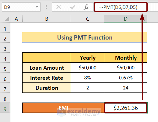 Using Excel PMT Function to Calculate EMI