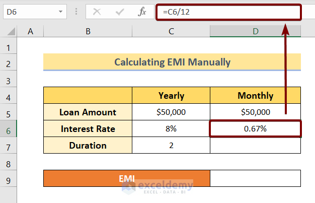 Calculate EMI in Excel Manually