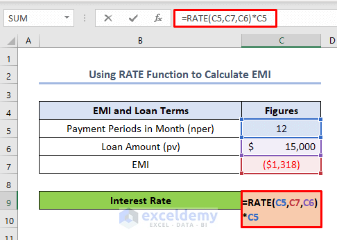 how to calculate interest rate from EMI in Excel using RATE function
