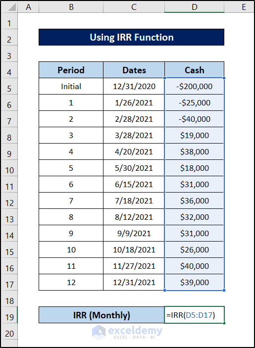 how to calculate irr in excel for monthly cash flow