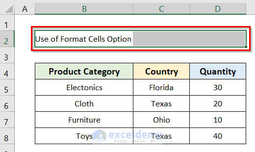 Apply Excel Format Cells Option to Center a Title