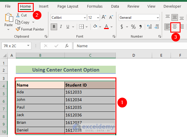 Using Excel Ribbon to Center Text in a Cell