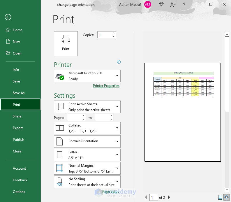how to change page orientation in excel Utilizing Print Preview Mode to Change Page Orientation
