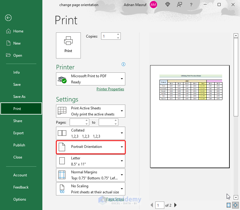 how to change page orientation in excel Utilizing Print Preview Mode to Change Page Orientation