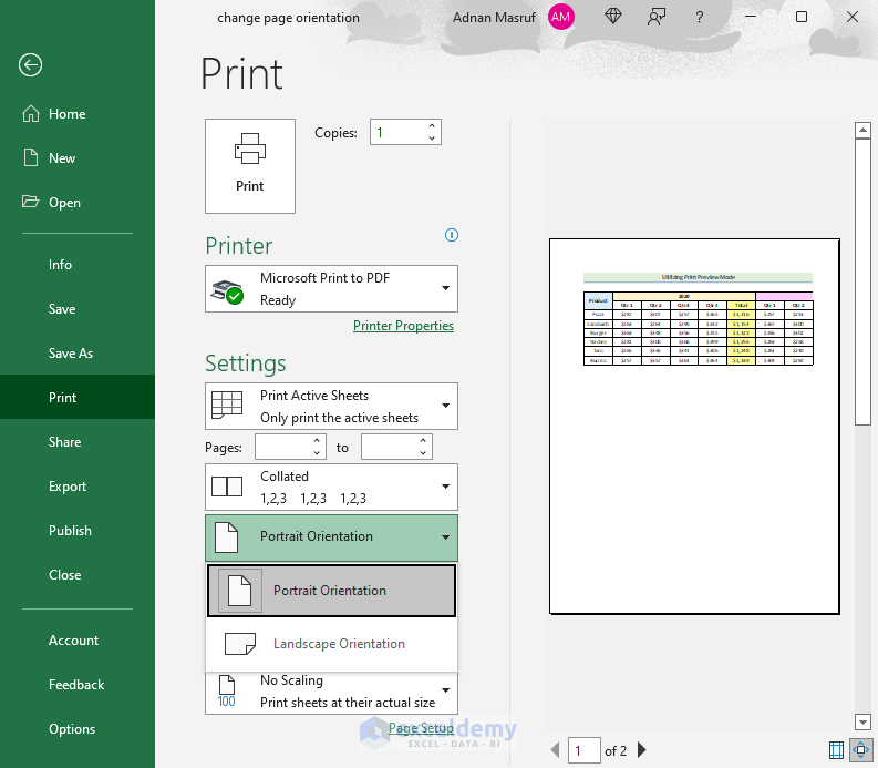 how to change page orientation in excel Utilizing Print Preview Mode to Change Page Orientation