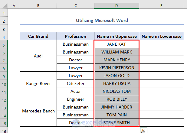 how to change uppercase to lowercase in excel using Microsoft Word