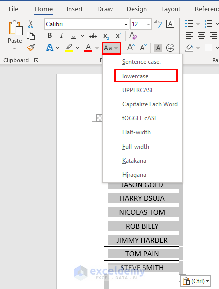 how to change uppercase to lowercase in excel using Microsoft Word