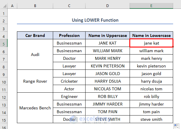 how to change uppercase to lowercase in excel using LOWER function