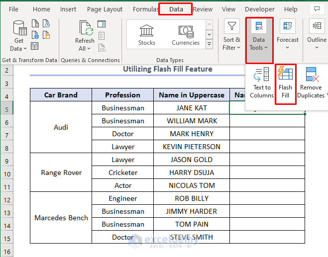 how to change uppercase to lowercase in excel using Flash Fill