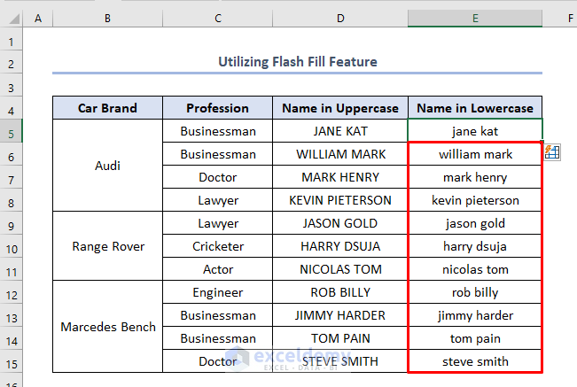 how to change uppercase to lowercase in excel using Flash Fill