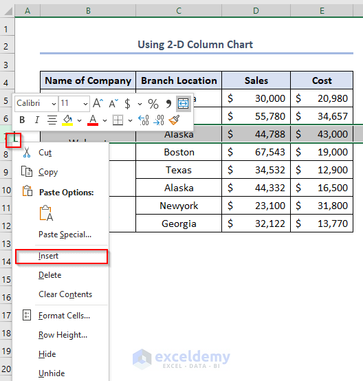 compare two sets of data in excel chart, using 2-D Column chart
