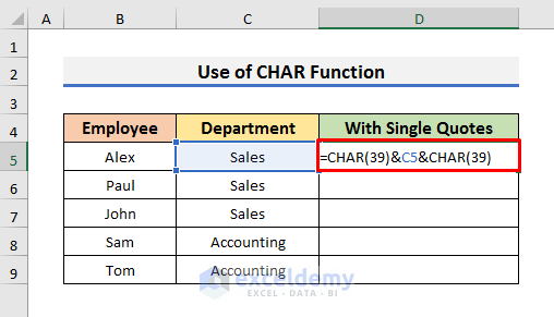 Add Single Quotes with Excel CHAR Function