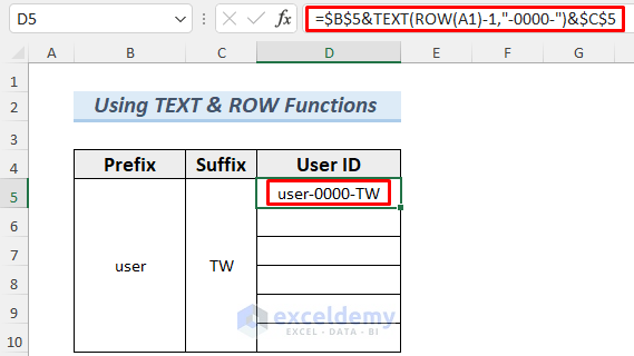 how to create a number sequence in excel with text using TEXT and ROW function