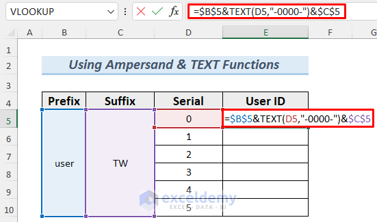 how to create a number sequence in excel with text using Ampersand and TEXT function