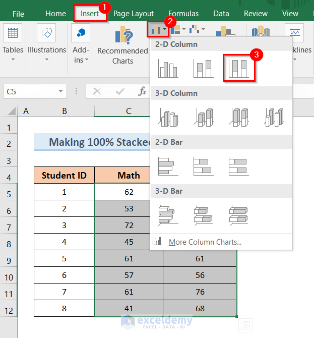 Make a 100% Stacked Column Chart in Excel