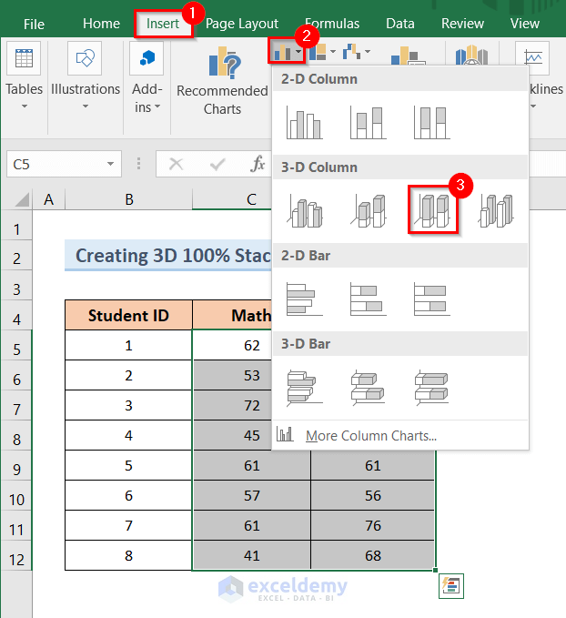 Create 3D 100% Stacked Column