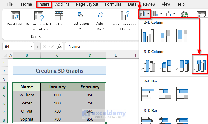 Insert a 3D Graph in Excel With Multiple Columns
