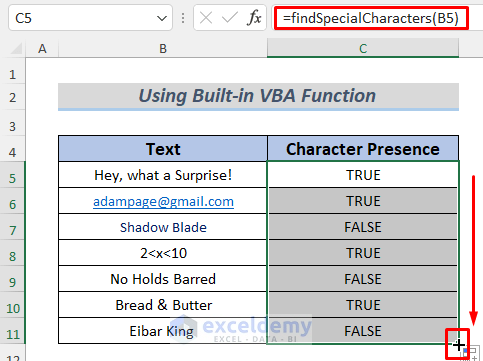 how to find special characters in excel using vba