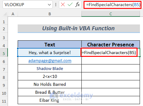 how to find special characters in excel using vba using built-in vba functions