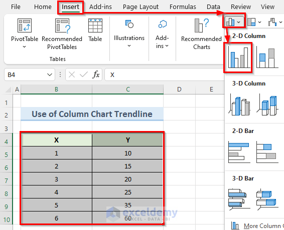 Find Equation from Excel Column Chart Trendline