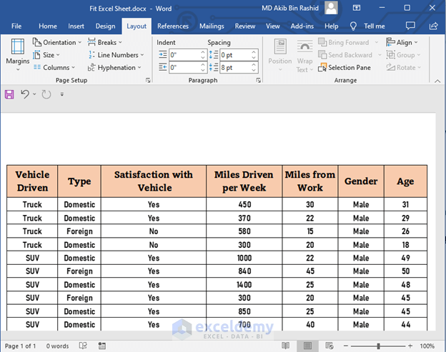 how to fit excel sheet on one page in word