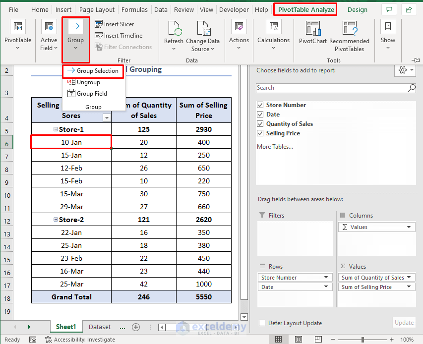 How to group data by month in Excel manually