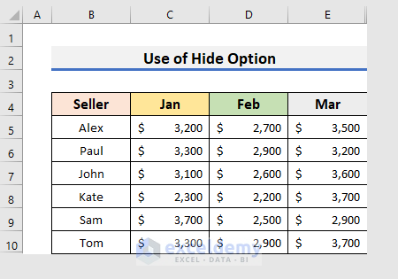 Use Excel Hide Option to Remove Unused Cells