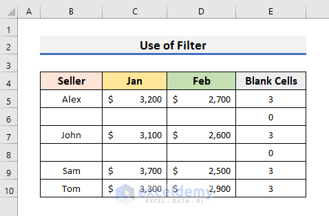 Insert Filter to Hide Blank Cells of Rows in Excel