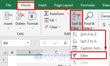 Insert Filter to Hide Blank Cells of Rows in Excel