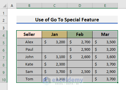 Hide Rows or Columns Containing Blank Cells with Go To Special Feature