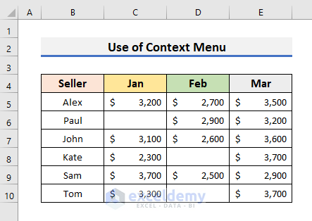 Hide Blank Cells of Entire Row or Column Using Context Menu